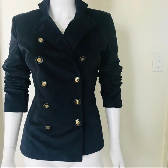 NWT WOMEN VELOUR BLAZER DOUBLE-BREASTED‎ LINED MILITARY JACKET IN NAVY - Picture 4 of 6